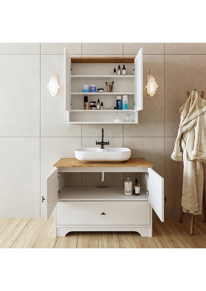 Oval Lavabolu Mat Beyaz Mdf 100 cm Çekmeceli Banyo Dolabı + Aynalı Üst Dolabı modelleri