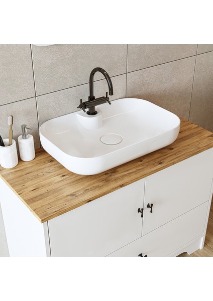 Oval Lavabolu Mat Beyaz Mdf 100 cm Çekmeceli Banyo Dolabı + Aynalı Üst Dolabı fırsatları