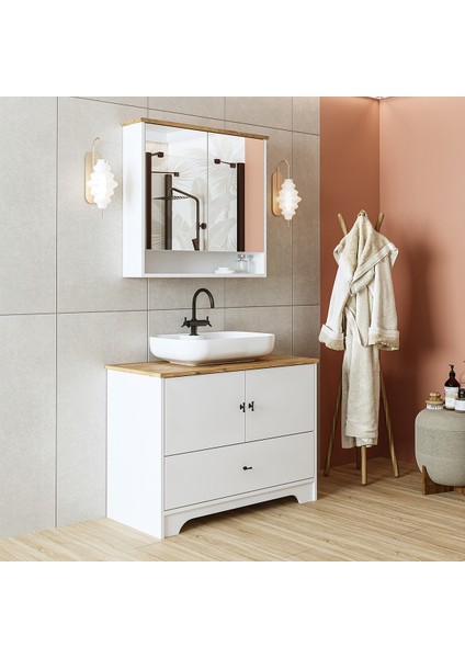 Oval Lavabolu Mat Beyaz Mdf 100 cm Çekmeceli Banyo Dolabı + Aynalı Üst Dolabı indirimleri