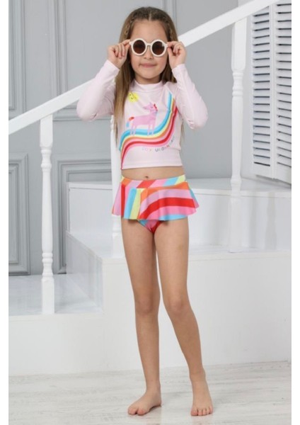 Yeni Trend Unicorn Desenli Güneş Korumalı Uzun Kol Crop Üst Mini Etek Altı Fırfırlı Bikini Takımı