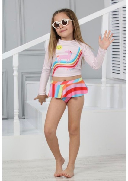Yeni Trend Unicorn Desenli Güneş Korumalı Uzun Kol Crop Üst Mini Etek Altı Fırfırlı Bikini Takımı fiyatları