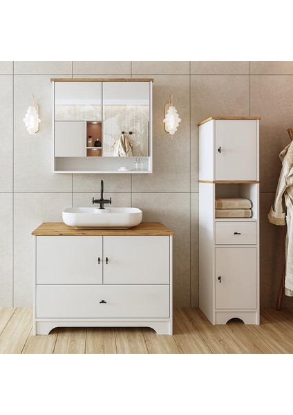 Oval Lavabolu Mat Beyaz Mdf 100 cm Çekmeceli Banyo Dolabı + Aynalı Üst Dolabı + Boy Dolabı