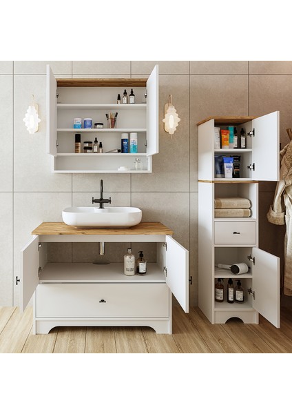Oval Lavabolu Mat Beyaz Mdf 100 cm Çekmeceli Banyo Dolabı + Aynalı Üst Dolabı + Boy Dolabı modelleri