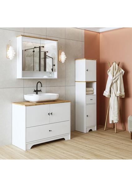 Oval Lavabolu Mat Beyaz Mdf 100 cm Çekmeceli Banyo Dolabı + Aynalı Üst Dolabı + Boy Dolabı indirimleri