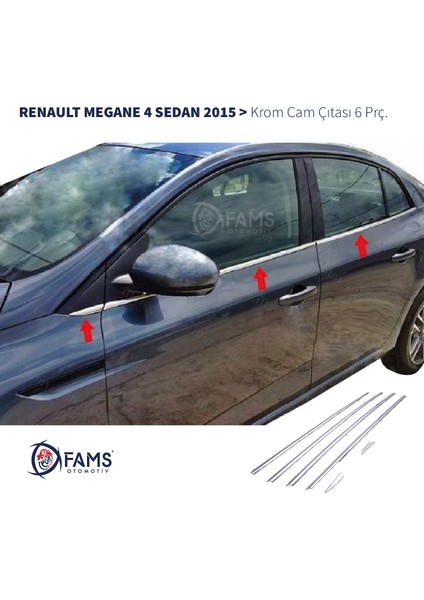 Renault Megane 4 Sedan Krom Cam Çıtası 6 Parça 2015> Paslanmaz Çelik