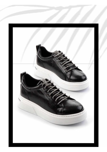 Siyah Yılan Baskı Kadın Sneaker K01377023409