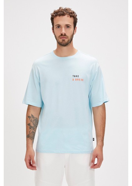 Sand Sky Blue Baskılı Oversize Erkek Tişört