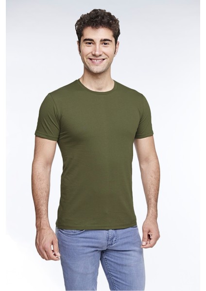 Erkek Günlük Pamuk Sıfır Yaka Kısa Kollu Renkli Tişört Olive Branch - 421