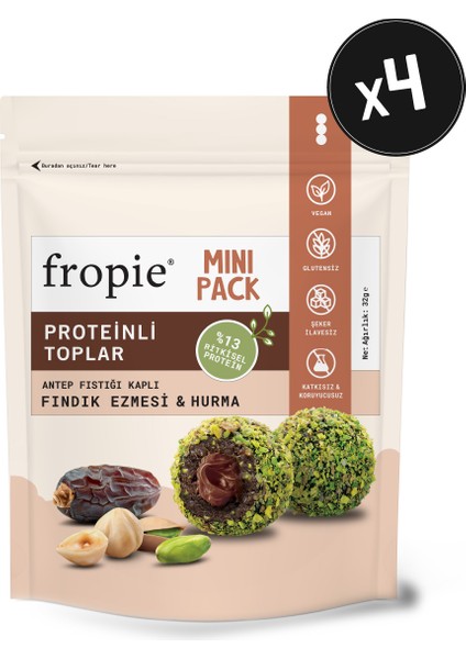 mini Vegan Proteinli meyve Topları - Antep Fıstığı Kaplı & Fındık Ezmeli 32 gr x 4 Adet