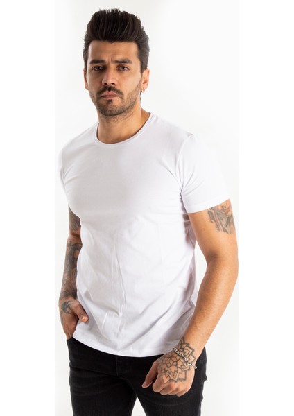 Beyaz Erkek/Unisex Slim Fit Dar Kesim Bisiklet Yaka Pamuklu Likralı Basic Tişört 1801131