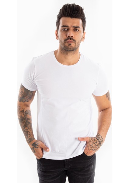 Beyaz Erkek/Unisex Slim Fit Dar Kesim Bisiklet Yaka Pamuklu Likralı Basic Tişört 1801131 fırsatları