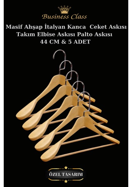 Business Class 5 Adet 44 cm Italyan Kanca Masif Ahşap Takım Elbise Askısı Palto Askısı Ceket Askısı