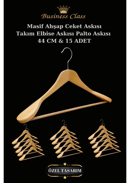 Business Class 15 Adet 44 cm Masif Ahşap Takım Elbise Askısı Palto Askısı Ceket Askısı