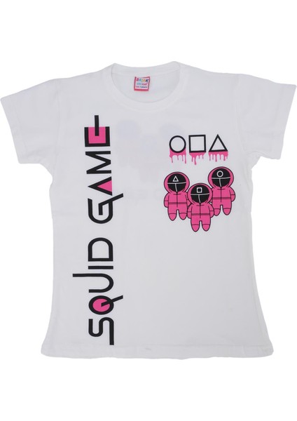 Kız Çocuk Squid Game Baskılı Penye Likralı Kısa Kol T-Shirt