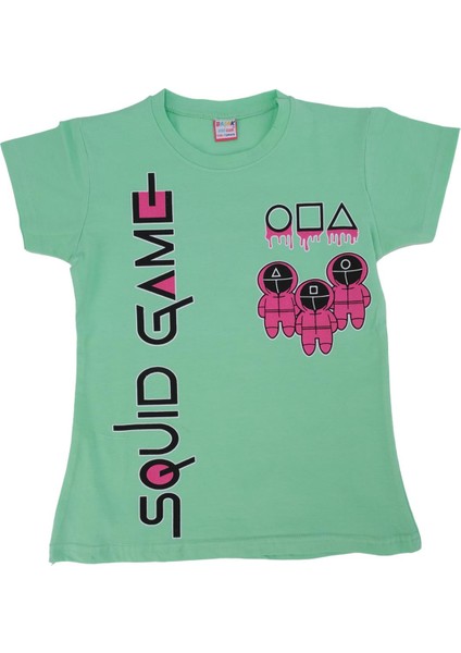 Kız Çocuk Squid Game Baskılı Penye Likralı Kısa Kol T-Shirt