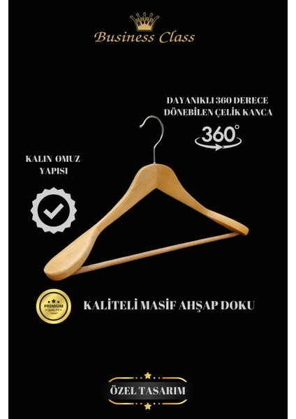 Business Class 10 Adet 44 cm Italyan Kanca Masif Ahşap Takım Elbise Askısı Palto Askısı Ceket Askısı