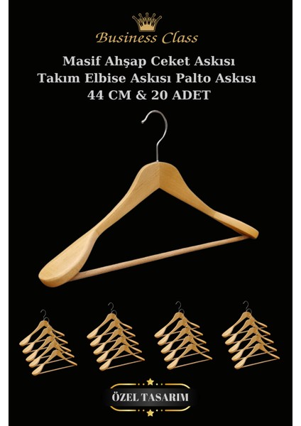 Business Class 20 Adet 44 cm Masif Ahşap Takım Elbise Askısı Palto Askısı Ceket Askısı