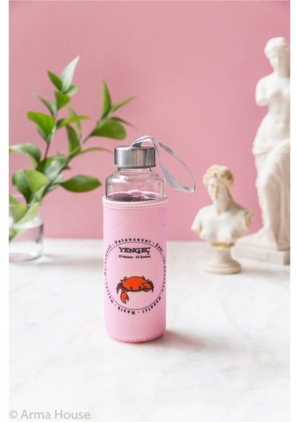 Pembe Yengeç Burcu Kılıflı Cam Matara 400 ml