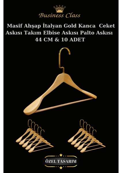 Business Class 10 Adet 44 cm Gold Italyan Kanca Masif Ahşap Elbise Askısı Palto Askısı Ceket Askısı