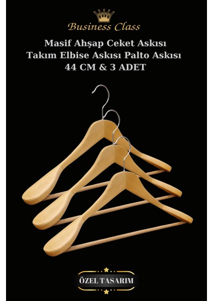 Business Class 3 Adet 44 cm Masif Ahşap Takım Elbise Askısı Palto Askısı Ceket Askısı