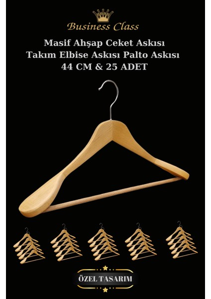 Business Class 25 Adet 44 cm Masif Ahşap Takım Elbise Askısı Palto Askısı Ceket Askısı