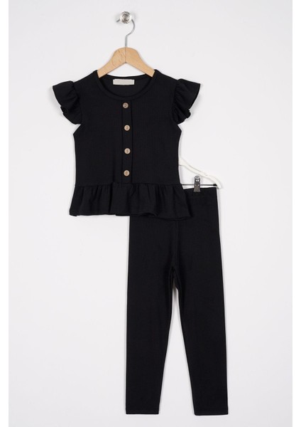 Kolları Fırfırlı Önü Düğme Aksesuarlı Siyah Renk Kız Çocuk Taytlı Takım