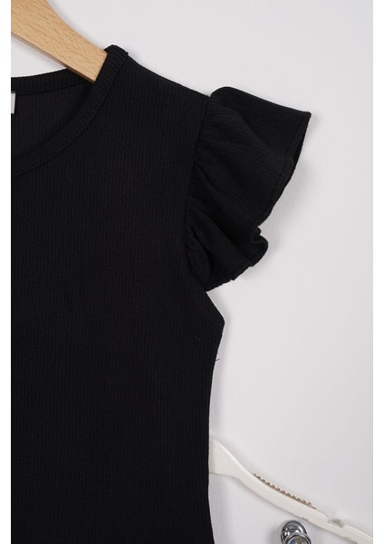 Kolları Fırfırlı Önü Düğme Aksesuarlı Siyah Renk Kız Çocuk Taytlı Takım fiyatları