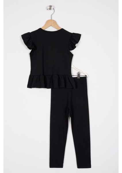 Kolları Fırfırlı Önü Düğme Aksesuarlı Siyah Renk Kız Çocuk Taytlı Takım modelleri