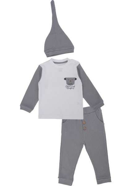 Unisex Bebek Raporlu Hayvan Nakışlı Şapkalı 2'li Alt Üst Takım