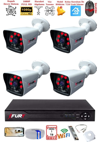 4 Kameralı 2mp Full Hd Görüntü 6 Atom LED Gece Görüşlü Dış Mekan Güvenlik Kamerası Seti 1 Tb