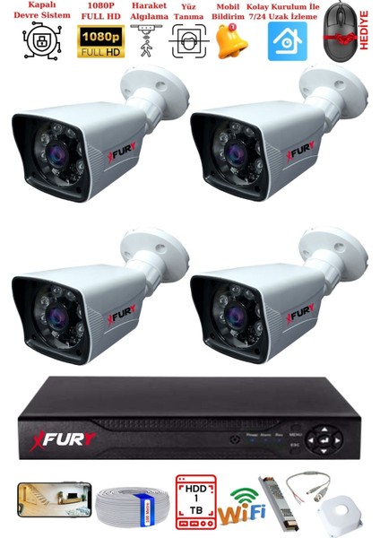 4 Kameralı 2mp Full Hd Görüntü 6 Atom LED Gece Görüşlü Dış Mekan Güvenlik Kamerası Seti 1 Tb