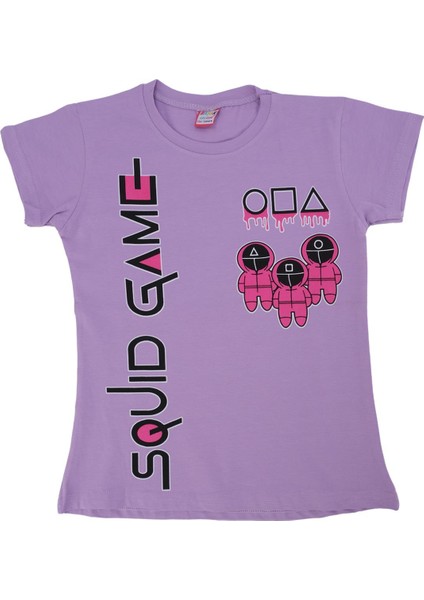 Kız Çocuk Squid Game Baskılı Penye Likralı Kısa Kol T-Shirt