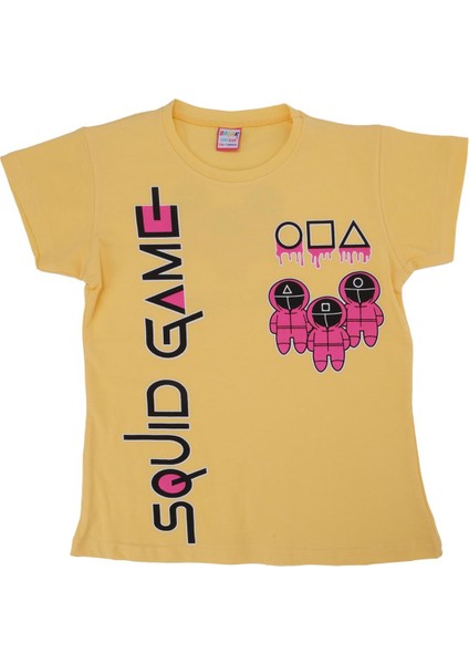 Kız Çocuk Squid Game Baskılı Penye Likralı Kısa Kol T-Shirt