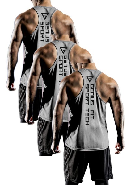 3'lü Paket Erkek Dry Fit Y-Back Gym Fitness Sporcu Atleti Genıus-Fıt3(Gri3'lü)