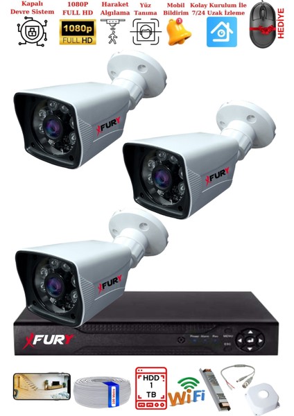3 Kameralı 2mp Full Hd Görüntü 6 Atom LED Gece Görüşlü Dış Mekan Güvenlik Kamerası Seti 1 Tb