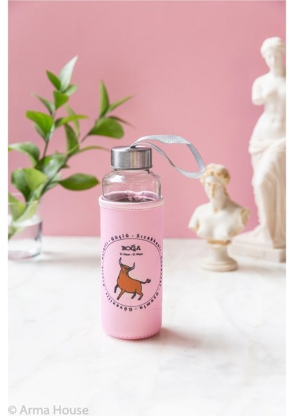 Pembe Boğa Burcu Kılıflı Cam Matara 400 ml