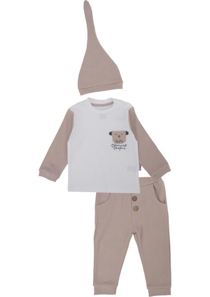 Unisex Bebek Raporlu Hayvan Nakışlı Şapkalı 2'li Alt Üst Takım