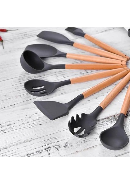 Stili Temizle Siyah Ahşap Silikon Mutfak Gereçleri Yapışmaz Kaşık Çorba Kepçesi Turner Spatula Maşası Pişirme Gereçleri Pişirme Tencere Gadget'ı (Yurt Dışından)