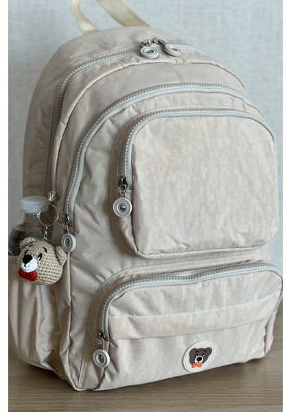 Bej Orta Boy Okul Çantası Laptop ve Seyahat Sırt Çantası Su Geçirmez Ayıcık Anahtarlık Hediyeli