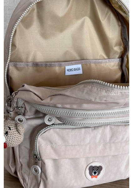 Bej Orta Boy Okul Çantası Laptop ve Seyahat Sırt Çantası Su Geçirmez Ayıcık Anahtarlık Hediyeli modelleri