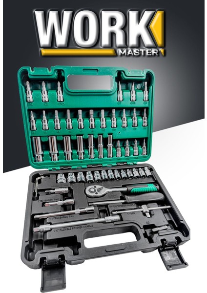 Pro 65 Parça 53 Lokma Takımı Otomatik Cırcırlı 1/4" 12 Parça Kombine Açık Ağız-Yıldız Anahtar Set