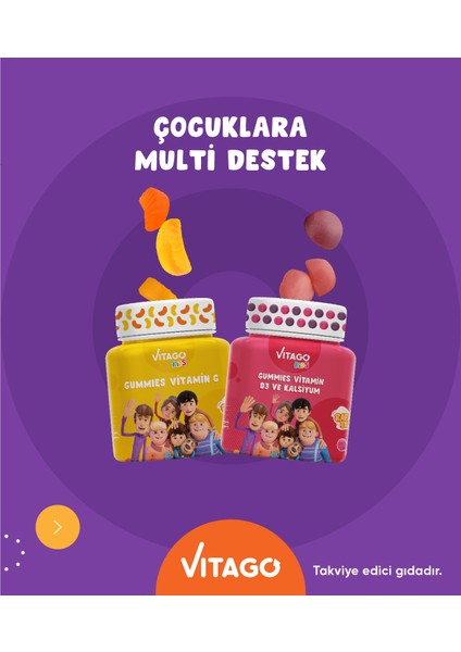 2'li Paket Vitago Kids Gummies Vitamin C+D3 Kalsiyum fiyatları