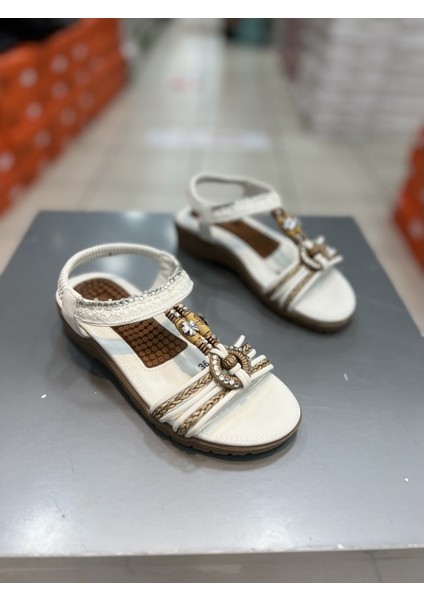 24Y120-4 Kadın Masajlı Taban Taşlı Günlük Comfort Sandalet Beyaz