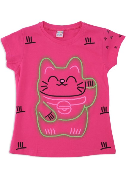 Kız Çocuk Sevimli Kedi Baskılı Penye Likralı T-Shirt