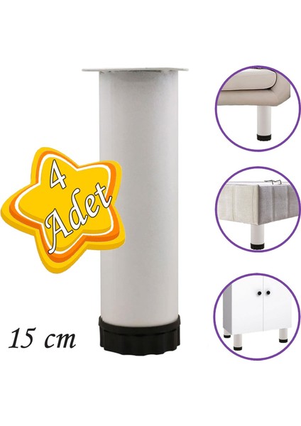 4 Adet Metal Ayarlanabilir 15 cm Beyaz Destek Ayağı Mobilya Kanepe Baza Koltuk Dolap Sehpa Tv Ünitesi Ayağı