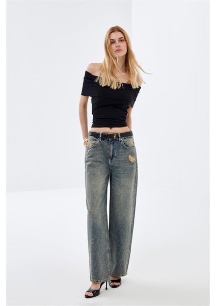 Mavi Düşük Bel Wide Leg Vintage Sustainable Denim Jean Pantolon