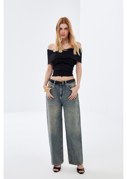 Mavi Düşük Bel Wide Leg Vintage Sustainable Denim Jean Pantolon