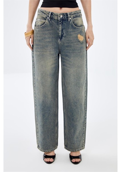 Mavi Düşük Bel Wide Leg Vintage Sustainable Denim Jean Pantolon