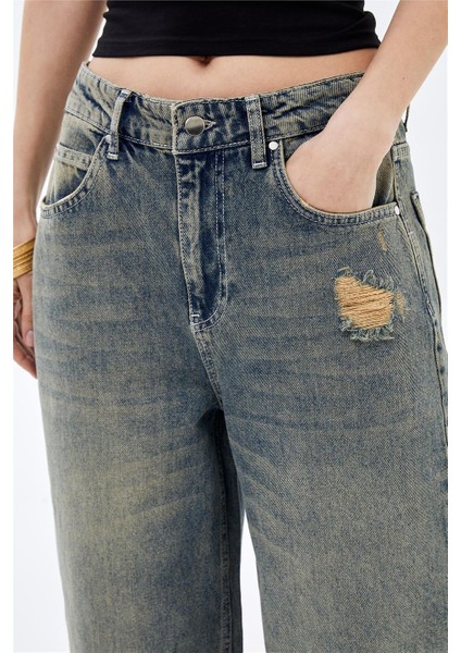 Mavi Düşük Bel Wide Leg Vintage Sustainable Denim Jean Pantolon