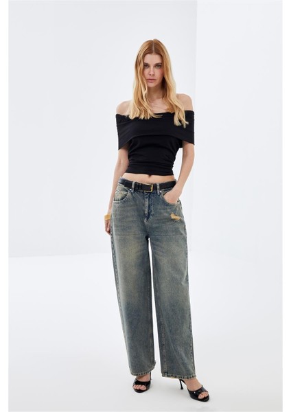 Mavi Düşük Bel Wide Leg Vintage Sustainable Denim Jean Pantolon